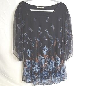 Sese Code Flowy Blouse, Fairy Boho Ethereal,‎ Floral Pattern, Black Blue, 3XL